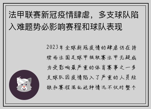 法甲联赛新冠疫情肆虐，多支球队陷入难题势必影响赛程和球队表现